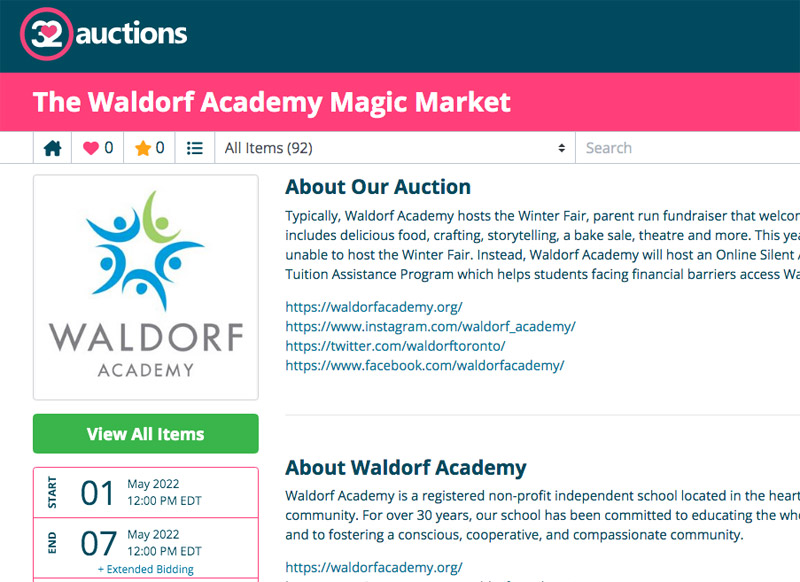 Waldorf Academy Fundraising Auction May 1-7